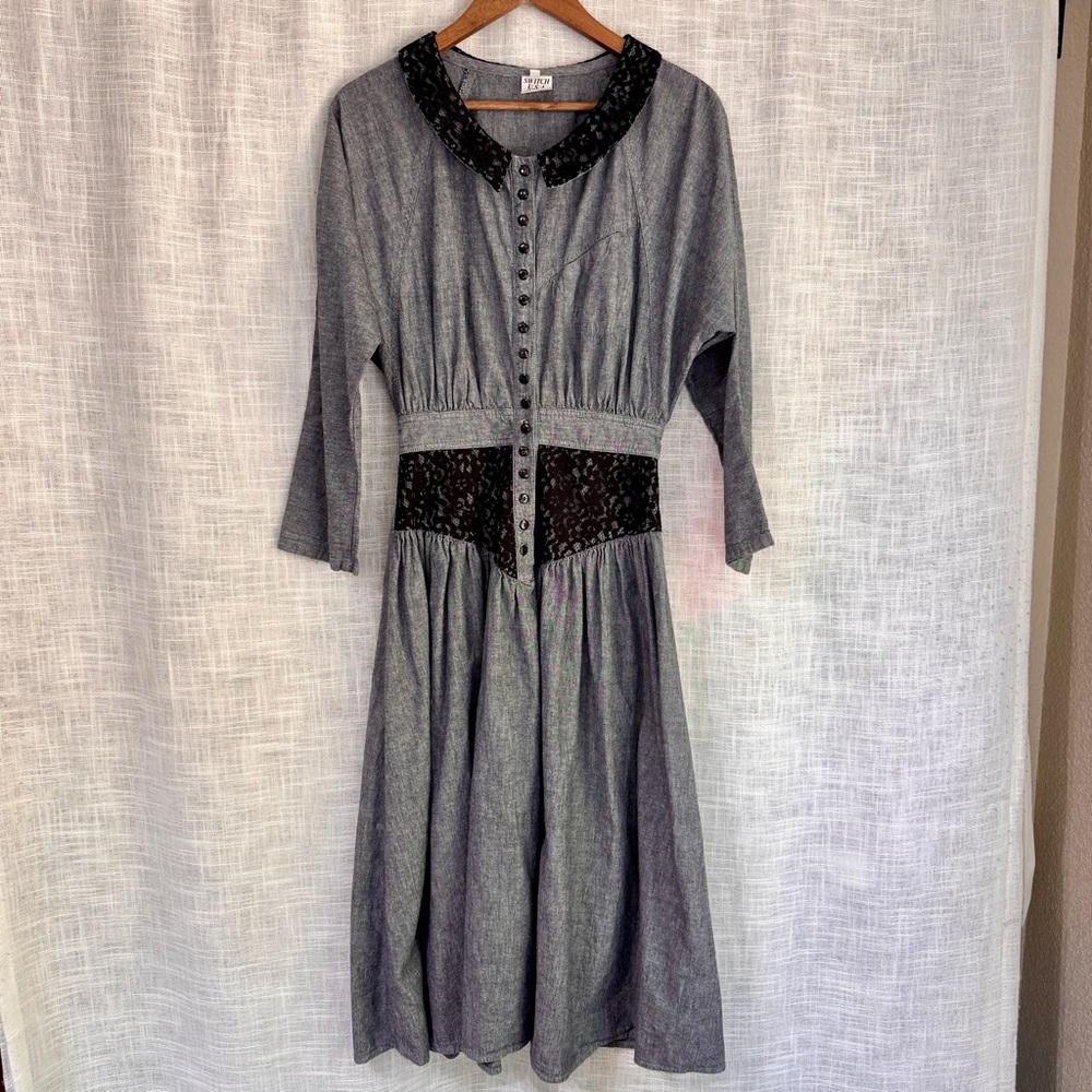 Switch USA Vintage 1980s Gray Chambray Lace Collar Western Shirt Dress Size S